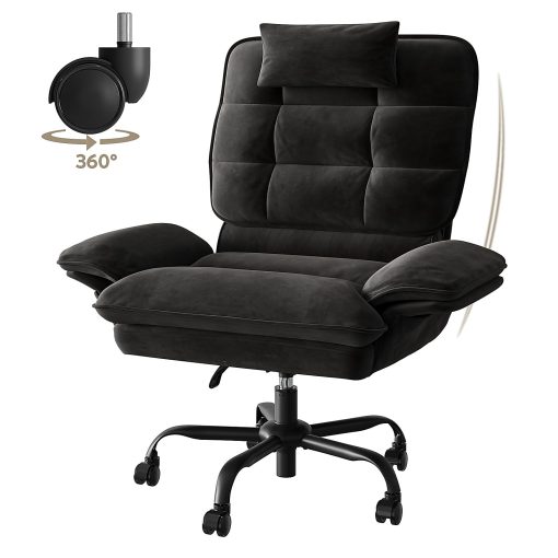 Bestier Ergonomic Velvet High-Back Swivel Executive Office Chair With Adjustable Padded Arms And Padded Headrest, Black - Image 2