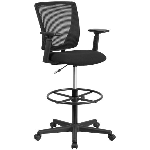 Flash Furniture Ergonomic Mid-Back Mesh Drafting Chair with Fabric Seat, Adjustable Foot Ring and Arms, Black - Image 2