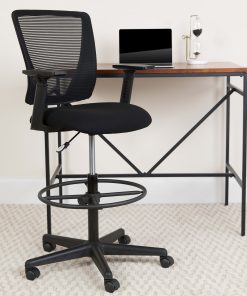 Flash Furniture Ergonomic Mid-Back Mesh Drafting Chair with Fabric Seat, Adjustable Foot Ring and Arms, Black
