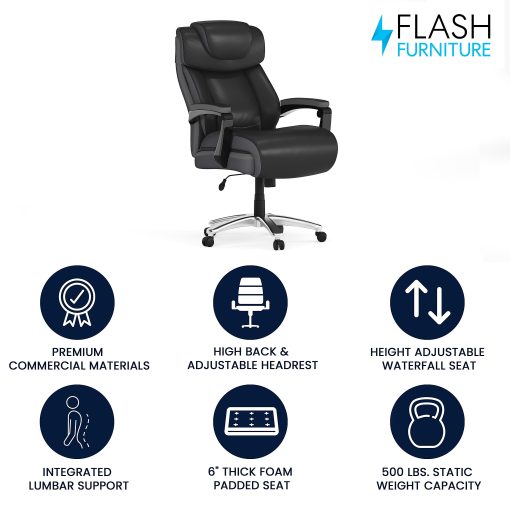 Flash Furniture Hercules Big & Tall Ergonomic LeatherSoft™ Faux Leather Office Chair With Height-Adjustable Headrest, Black/Gray - Image 2