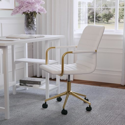 Martha Stewart Taytum Faux Leather Upholstered Mid-Back Executive Office Chair, White/Polished Brass - Image 2