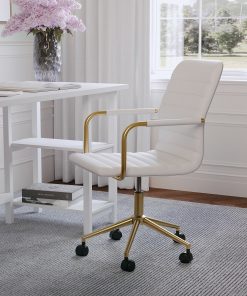Martha Stewart Taytum Faux Leather Upholstered Mid-Back Executive Office Chair, White/Polished Brass
