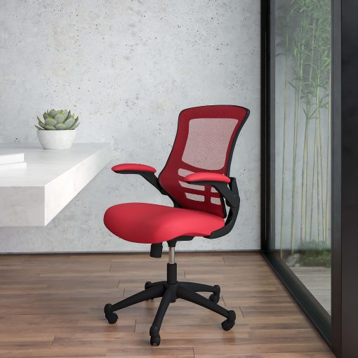 Flash Furniture Mesh Mid-Back Swivel Task Chair With Flip-Up Arms, Red/Black - Image 2
