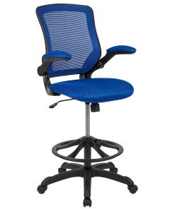 Flash Furniture Mid Back Mesh Ergonomic Drafting Chair with Adjustable Foot Ring and Flip-Up Arms, Blue 2