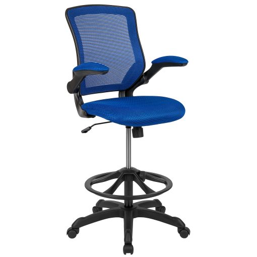Flash Furniture Mid Back Mesh Ergonomic Drafting Chair with Adjustable Foot Ring and Flip-Up Arms, Blue - Image 2