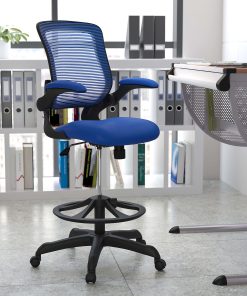 Flash Furniture Mid Back Mesh Ergonomic Drafting Chair with Adjustable Foot Ring and Flip-Up Arms, Blue
