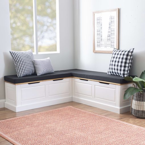 Linon Manning Corner Storage Nook Bench, 18-1/5”H x 62-2/5”W x 16-1/2”D, White/Natural, Black Cushions - Image 2