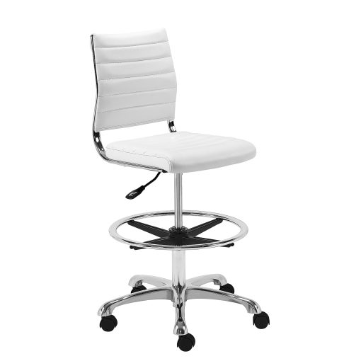 Eurostyle Axel Faux Leather Adjustable-Height Drafting Stool With Back, White/Chrome - Image 2