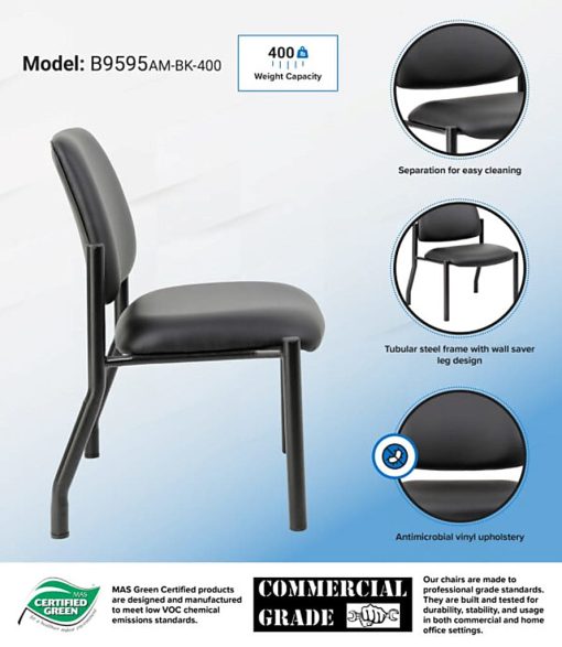 Boss Office Products Mid-Back Armless Guest Chair With Antimicrobial Vinyl, Heavy Duty, Black - Image 2