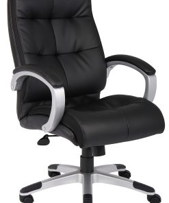 Boss Office Products Double-Plus Ergonomic LeatherPlus™ Bonded Leather High-Back Chair, Black/Silver