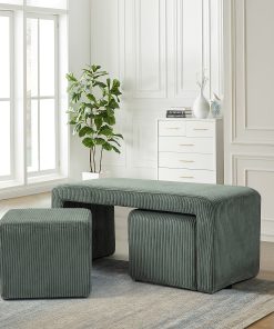 Glamour Home Belgin Corduroy Velvet Fabric Bench With Ottomans, 17-5/16”H x 40-1/2”W x 16-15/16”D, Dark Green