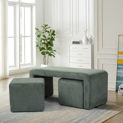 Glamour Home Belgin Corduroy Velvet Fabric Bench With Ottomans, 17-5/16”H x 40-1/2”W x 16-15/16”D, Dark Green