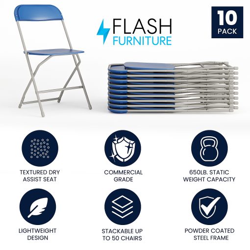 Flash Furniture HERCULES Series Premium Plastic Folding Chairs, Blue, Set Of 10 Chairs - Image 2