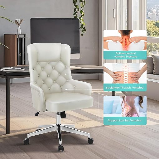 ALPHA HOME Ergonomic PU Leather High-Back Task Chair, Beige - Image 2