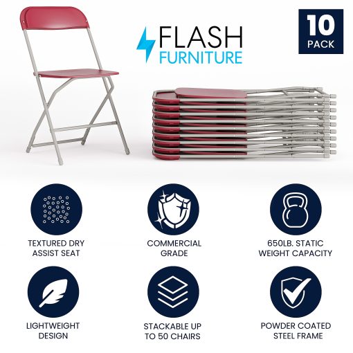 Flash Furniture HERCULES Series Premium Plastic Folding Chairs, Red, Set Of 10 Chairs - Image 2