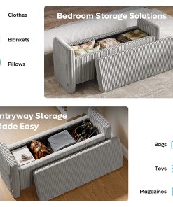 Bestier Corduroy Ottoman With Storage, 19”H x 44”W x 14”D, Gray 2