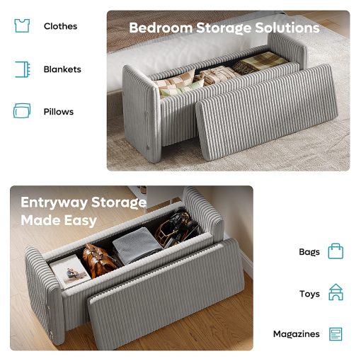 Bestier Corduroy Ottoman With Storage, 19”H x 44”W x 14”D, Gray - Image 2