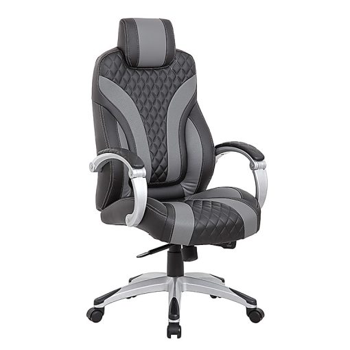 Boss Office Products Hinged Arm Ergonomic Faux Leather High-Back Executive Chair With Synchro-Tilt, Black/Gray