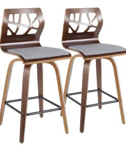 LumiSource Folia Mid-Century Modern Counter Stools, Walnut/Light Gray, Set Of 2 Stools