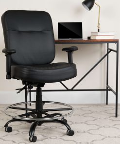 Flash Furniture HERCULES Big & Tall LeatherSoft Ergonomic Drafting Chair with Rectangular Back and Adjustable Arms, Black