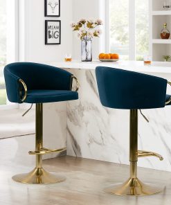 Glamour Home Balder Velvet Barstool With Back, Blue/Gold 2
