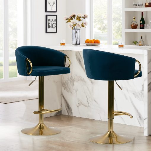 Glamour Home Balder Velvet Barstool With Back, Blue/Gold - Image 2