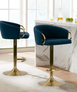 Glamour Home Balder Velvet Barstool With Back, Blue/Gold