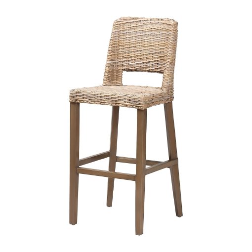 bali & pari Magy Rattan And Mahogany Wood Bar Stool, Kubu Gray/Rustic Taupe - Image 2