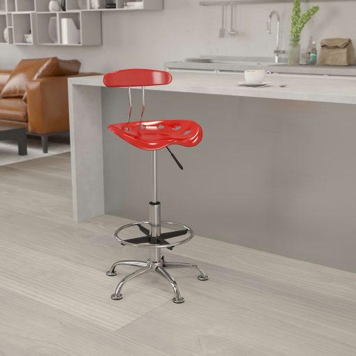 Flash Furniture Vibrant Chrome Drafting Stool with Tractor Seat, Wine Red/Chrome