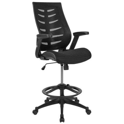 Flash Furniture High Back Mesh Spine-Back Ergonomic Drafting Chair with Adjustable Foot Ring and Adjustable Flip-Up Arms, Black - Image 2