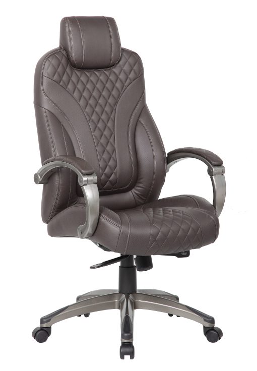Boss Office Products Ergonomic Faux Leather High-Back Hinged Arm Executive Office Chair With Synchro-Tilt, Brown