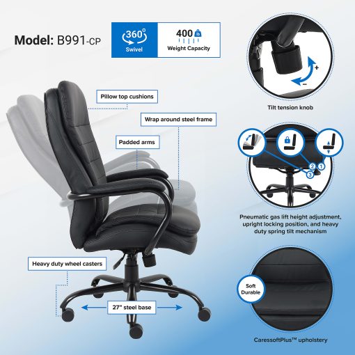 Boss Office Products Heavy Duty Big And Tall Double Plush Executive Chair, CaressoftPlus™ Vinyl, Black - Image 2