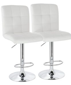 Elama Square Tufted Faux Leather Adjustable Bar Stools, White/Chrome, Set Of 2 Stools
