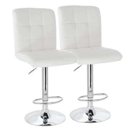 Elama Square Tufted Faux Leather Adjustable Bar Stools, White/Chrome, Set Of 2 Stools