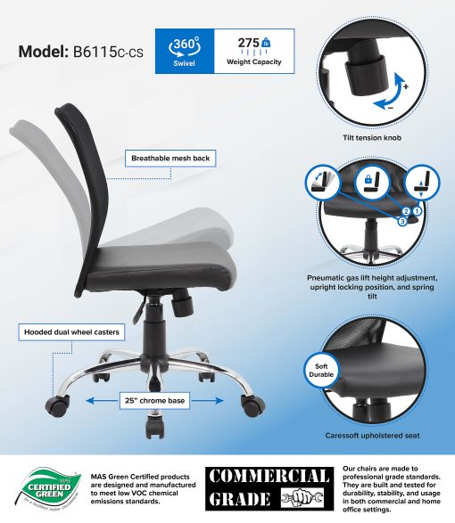 Boss Office Products Budget Fabric Mesh-Back Task Chair, Black/Silver - Image 2