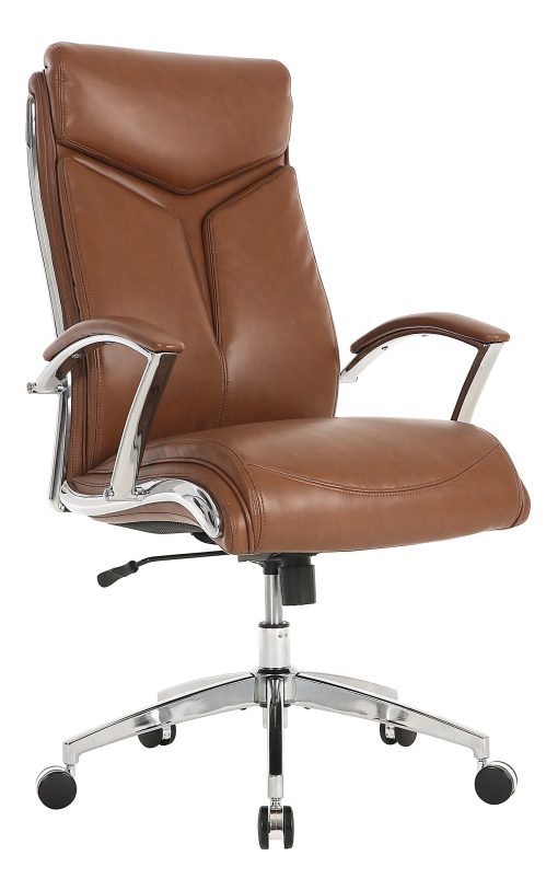 Realspace® Modern Comfort Verismo Bonded Leather High-Back Executive Office Chair, Brown/Chrome, BIFMA Compliant