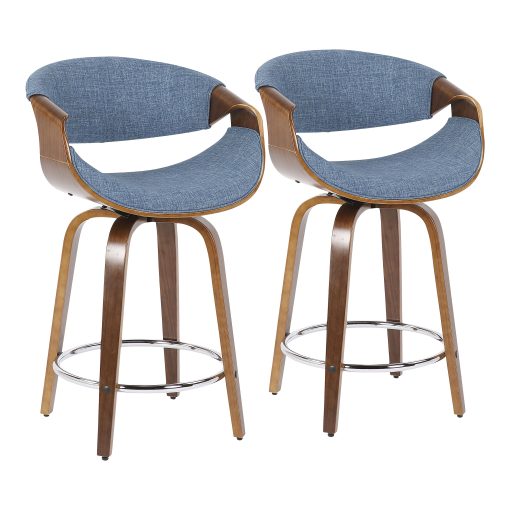 LumiSource Curvini 24'' Counter Stools, Blue Seat/Walnut Frame, Set Of 2 Stools