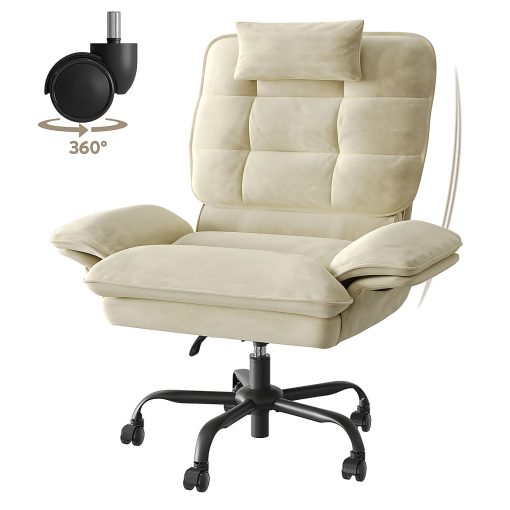 Bestier Ergonomic Velvet High-Back Swivel Executive Office Chair With Adjustable Padded Arms And Padded Headrest, Beige - Image 2