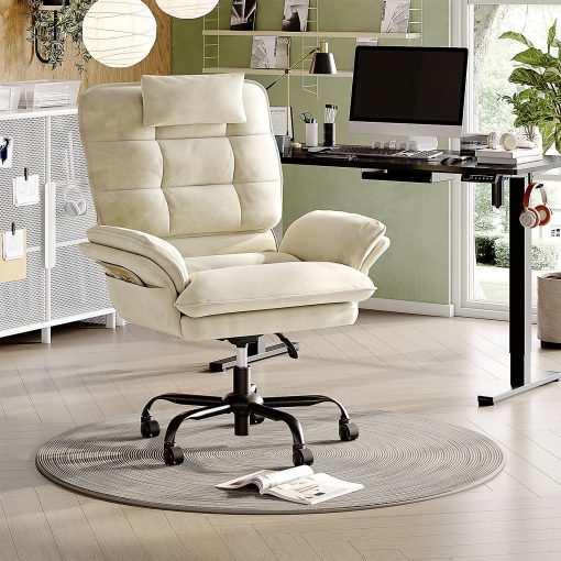 Bestier Ergonomic Velvet High-Back Swivel Executive Office Chair With Adjustable Padded Arms And Padded Headrest, Beige