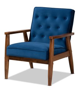 Baxton Studio Mid-Century Modern Velvet 3-Piece Living Room Set, Navy Blue/Walnut 2