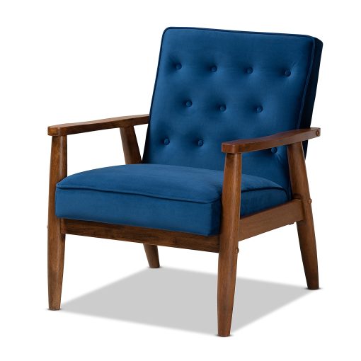 Baxton Studio Mid-Century Modern Velvet 3-Piece Living Room Set, Navy Blue/Walnut - Image 2
