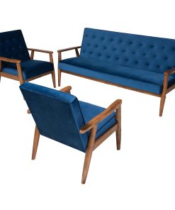 Baxton Studio Mid-Century Modern Velvet 3-Piece Living Room Set, Navy Blue/Walnut