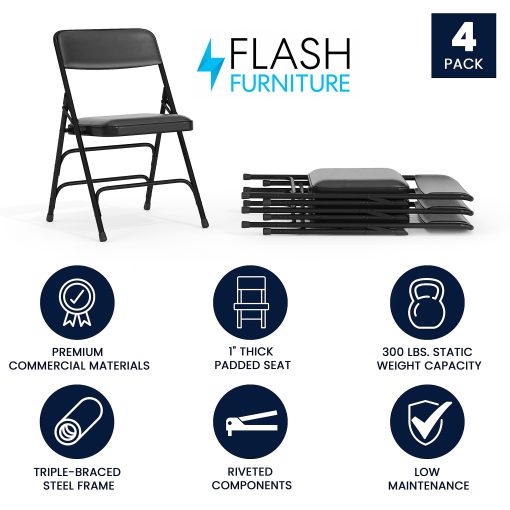 Flash Furniture HERCULES Series Curved Triple-Braced & Double-Hinged Upholstered Metal Folding Chairs, Black, Set Of 4 Chairs - Image 2