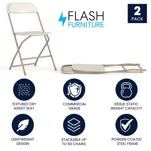 Flash Furniture Hercules Plastic Folding Chairs With 650-lb Capacity, Beige/Gray, Set Of 2 Chairs - Image 2