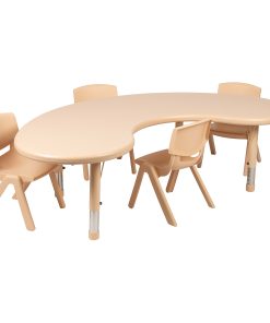 Flash Furniture Half-Moon Plastic Height-Adjustable Activity Table Set With 4 Chairs, 23-3/4″H x 35″W x 65″D, Natural 2