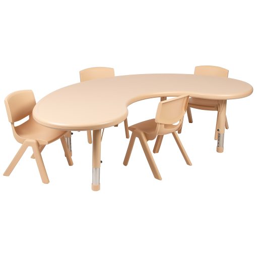 Flash Furniture Half-Moon Plastic Height-Adjustable Activity Table Set With 4 Chairs, 23-3/4"H x 35"W x 65"D, Natural - Image 2