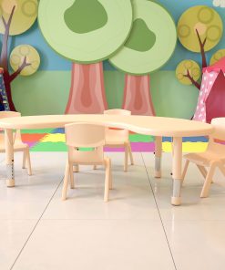 Flash Furniture Half-Moon Plastic Height-Adjustable Activity Table Set With 4 Chairs, 23-3/4"H x 35"W x 65"D, Natural