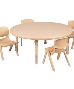 Flash Furniture Round Plastic Height-Adjustable Activity Table And 4 Chair Set, 23-3/4″ x 45″, Natural 2