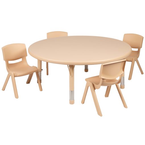 Flash Furniture Round Plastic Height-Adjustable Activity Table And 4 Chair Set, 23-3/4" x 45", Natural - Image 2