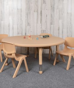 Flash Furniture Round Plastic Height-Adjustable Activity Table And 4 Chair Set, 23-3/4" x 45", Natural
